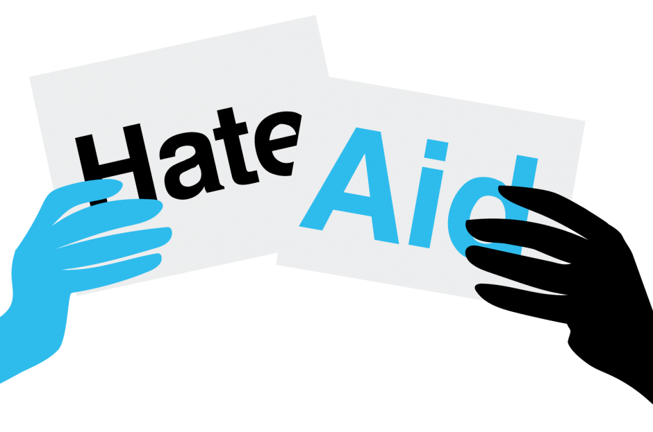 Illustration Kontakt zwei Hände halten Schild mit Aufschrift HateAid