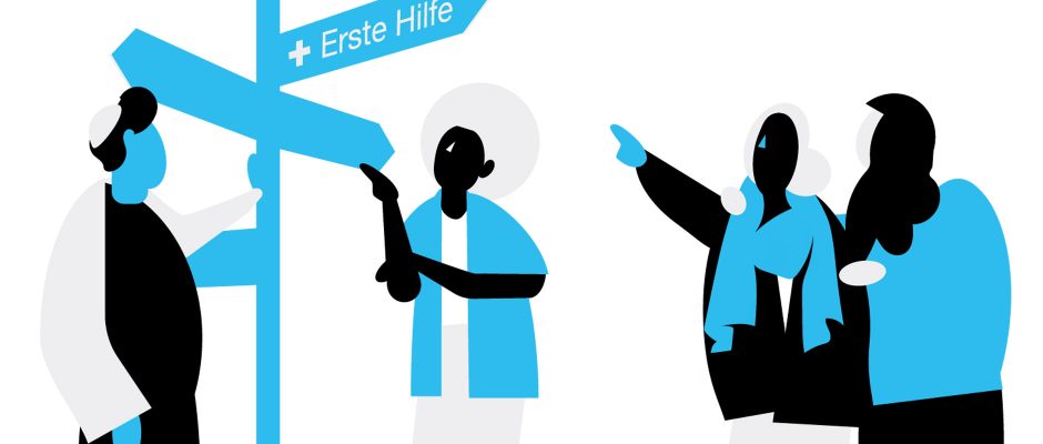 Ratgeber bei Gewalt im Internet Illustration mit Menschen vor Wegweiser
