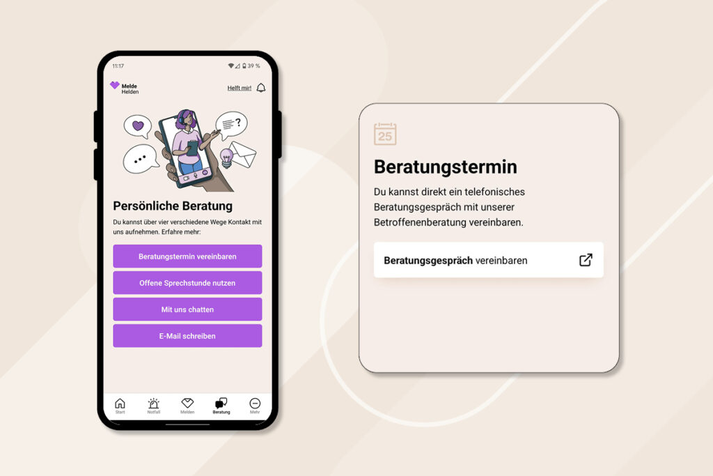 MeldeHelden-App: Zu sehen ist der "Persönliche Beratung"-Screen.