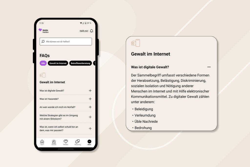 MeldeHelden-App: Zu sehen ist der "FAQs"-Screen.