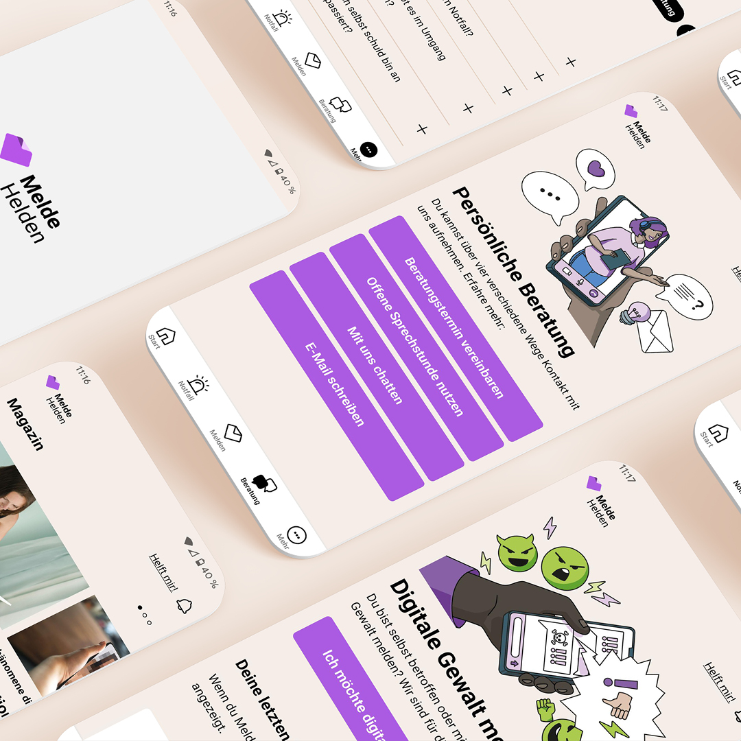 MeldeHelden-App: Zu sehen sind Mockups der App, die unterschiedliche Seiten zeigen.
