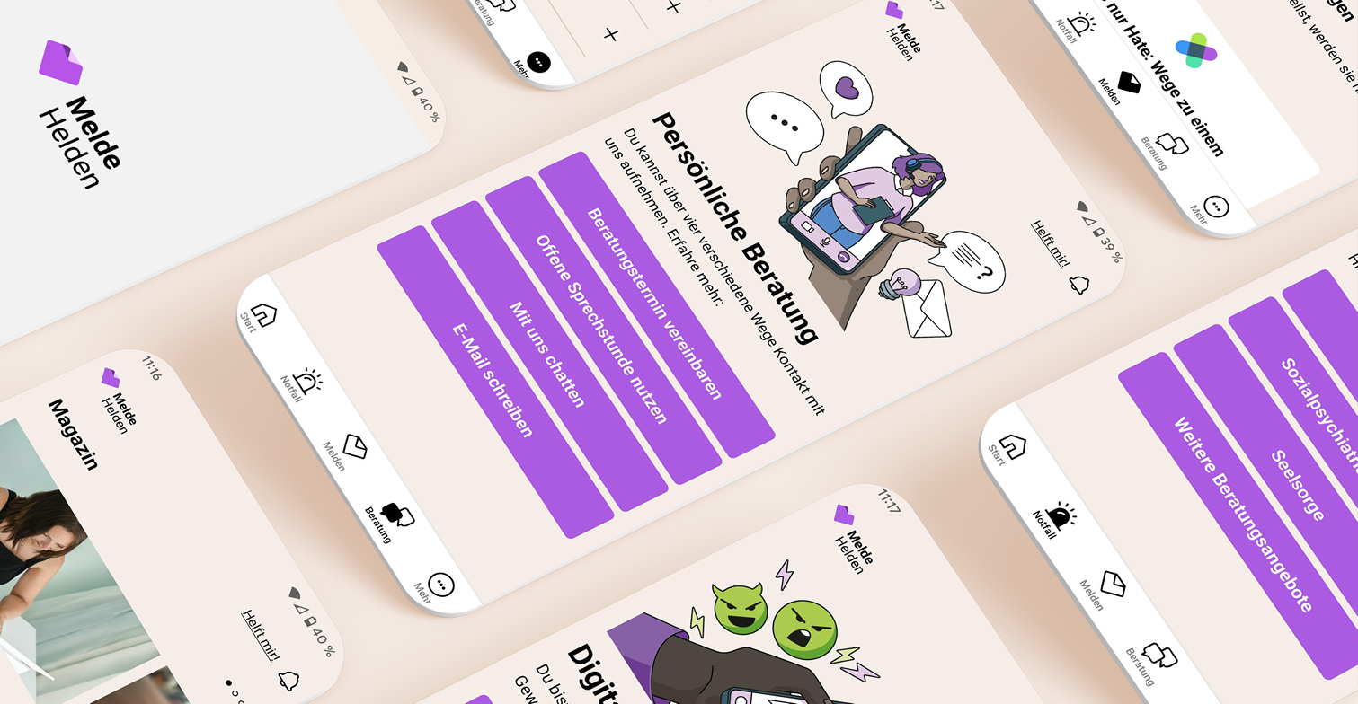 MeldeHelden-App: Zu sehen sind Mockups der App, die unterschiedliche Seiten zeigen.