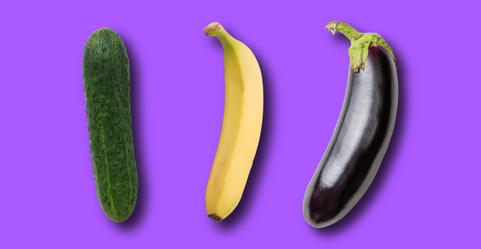 Eine Gurke, eine Banane und eine Aubergine auf einem lilafarbenen Hintergrund.
