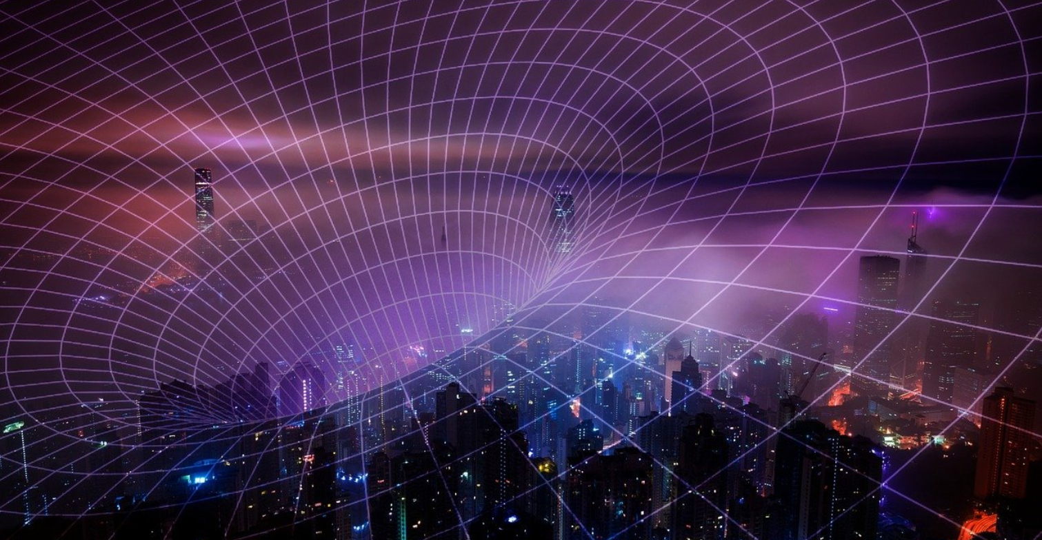 Eine abstrakte Grafik von einer Stadt überzogen von einem virtuellen Netz.
