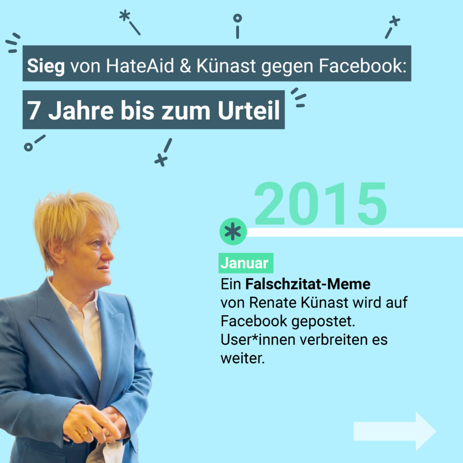 Renate Künast blickt nach links. Text auf dem Bild: "2015 Januar, Ein Falschzitat-Meme von Renate Künast wird auf Facebook gepostet. User*innen verbreiten es weiter."