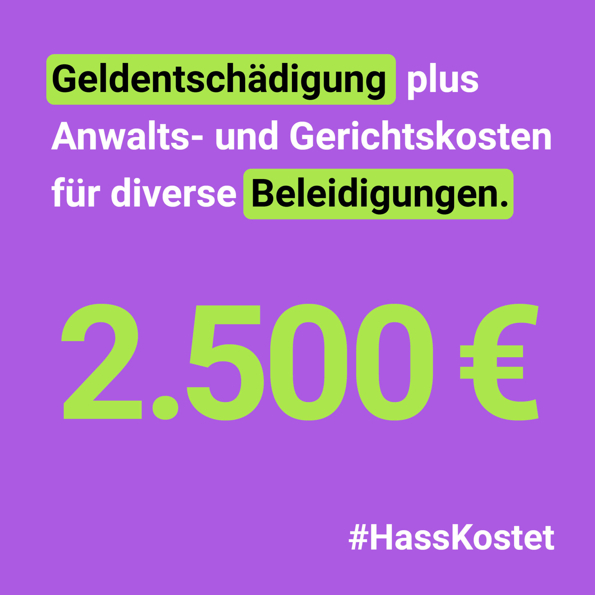 Grafik: Geldentschädigung plus Anwalts- und Gerichtskosten für diverse Beleidigungen. 2500€ #HassKostet