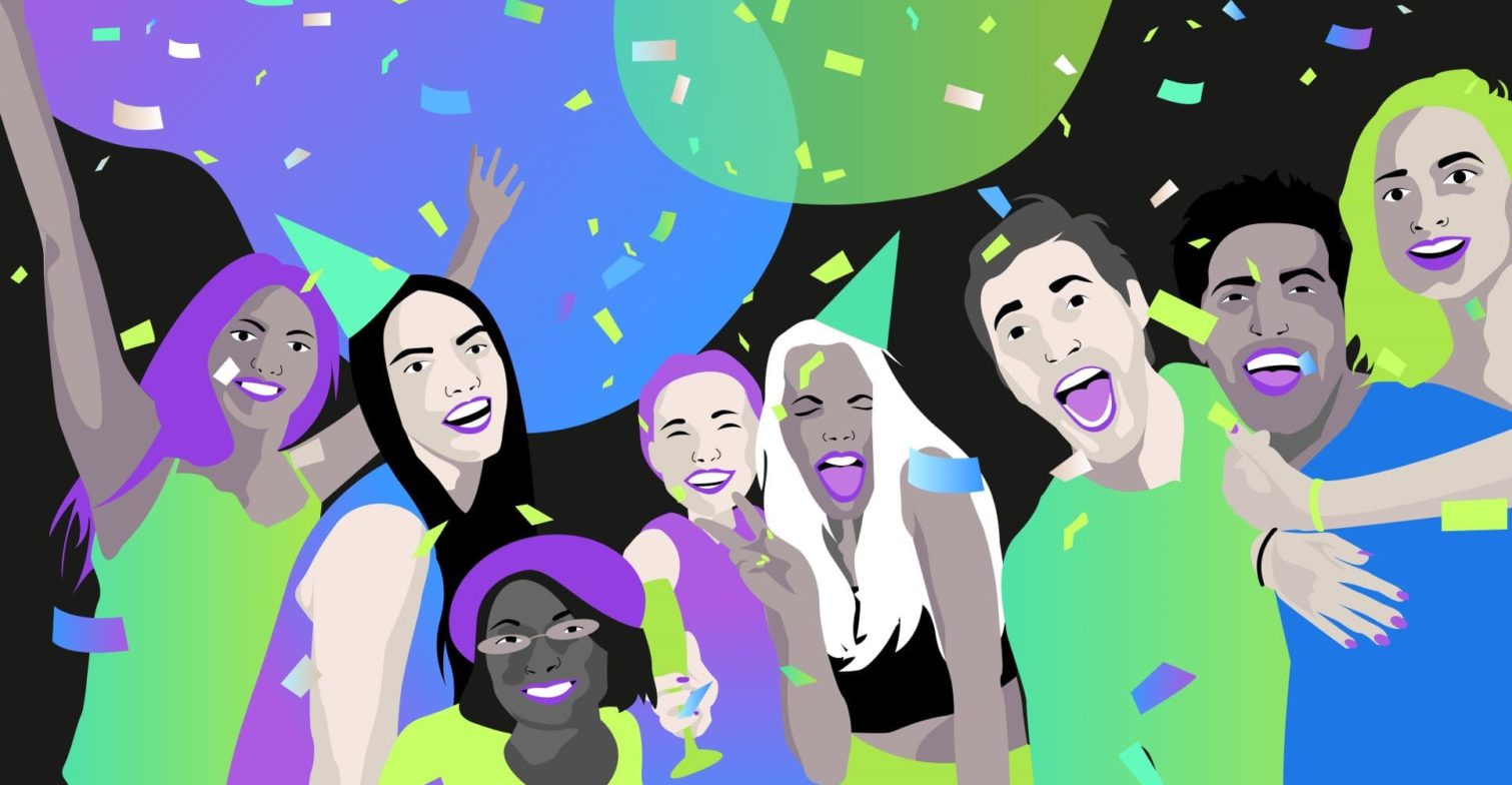 Eine Illustration mit feiernden Menschen, Konfetti und lilafarbenen sowie grünen Bubbles auf schwarzem Hintergrund.