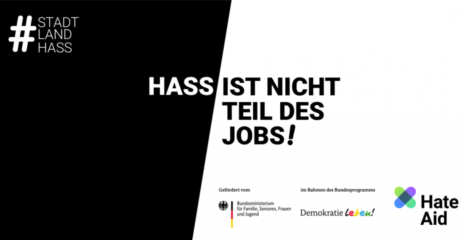 Eine schwarz-weiße Grafik mit dem Text: Hass ist nicht Teil des Jobs!