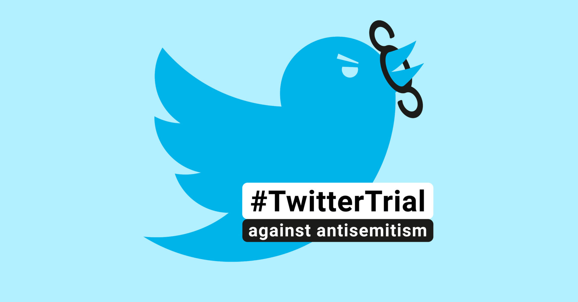 HateAid initiiert Grundsatzprozess gegen Twitter. Auf der Grafik ist das Twitterlogo gemeinsam mit dem Hashtag TwitterTrial und der Unterschrift "against antisemitism" zu sehen