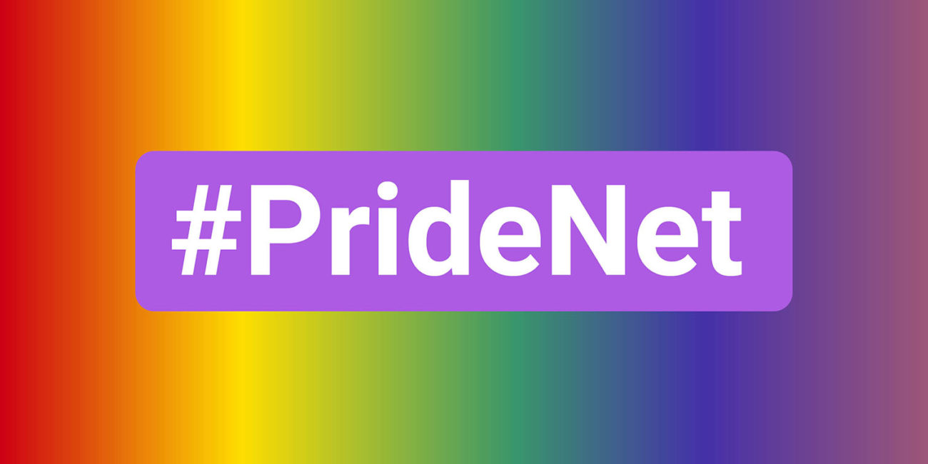 Hintergrund in Regenbogenfarben und darauf ein lila Textblock, in dem mit weißer Schrift #PrideNet steht