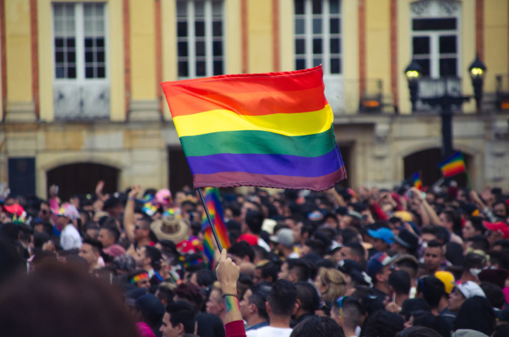Bild zeigt eine Demonstration mit der Pride-Flagge im Vordergrund.