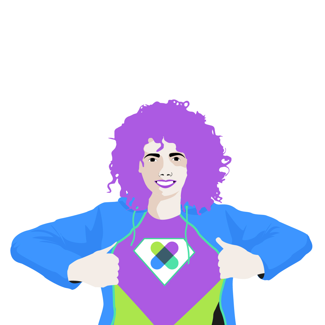 Illustration einer genderneutralen Superheld-Figur im HateAid-Design