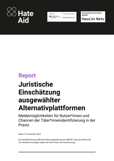 Cover der Broschüre: Report, Juristische Einschätzung ausgewählter Alternativplattformen