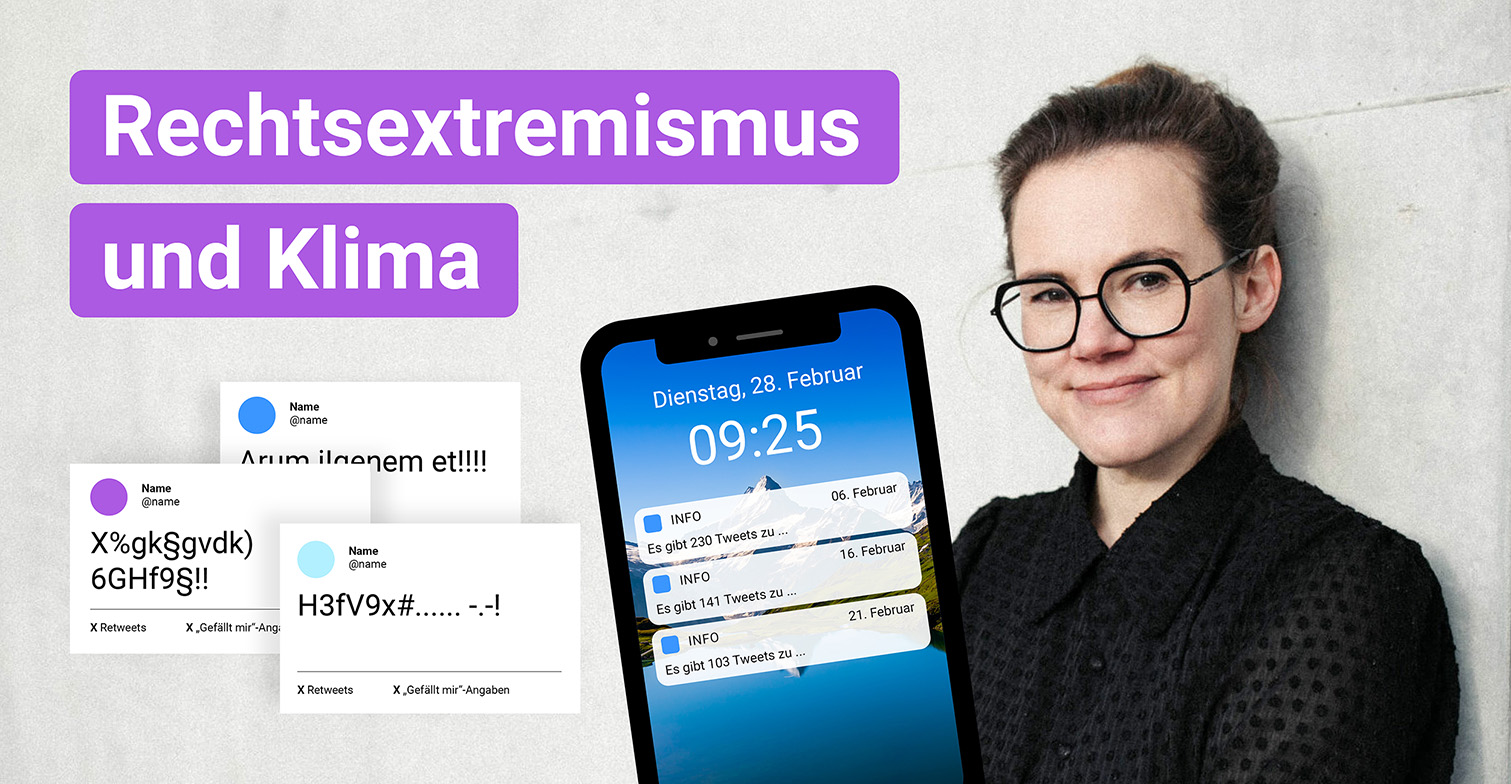 Rechtsextremismus und Klima, dazu ein Bild von Katja Diehl und verschiedene stilisierte Hasskommentare und ein Smartphone