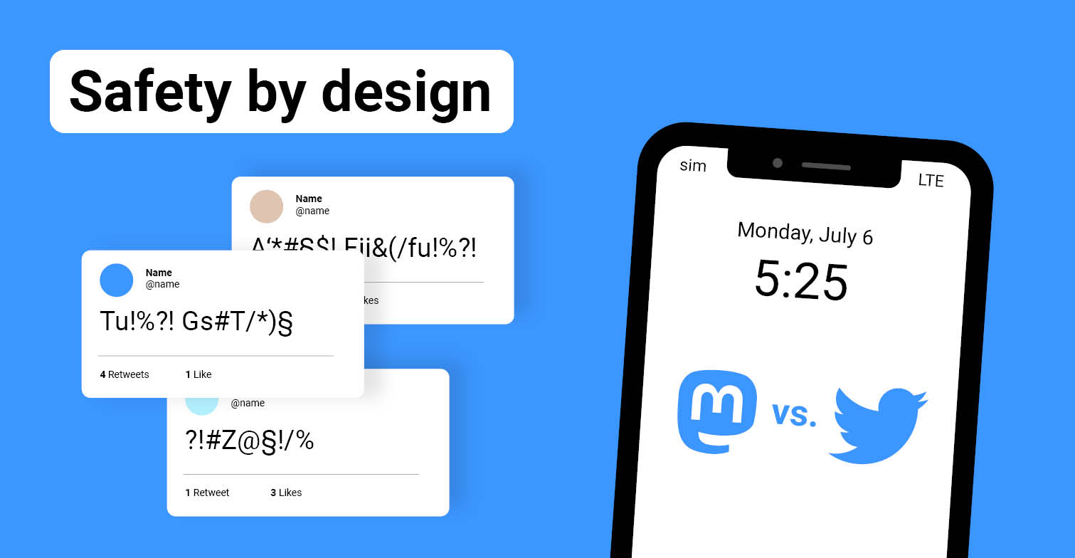 Blue graphic with text Safety by Design and a mobile phone with the logos of mastodon and twitter