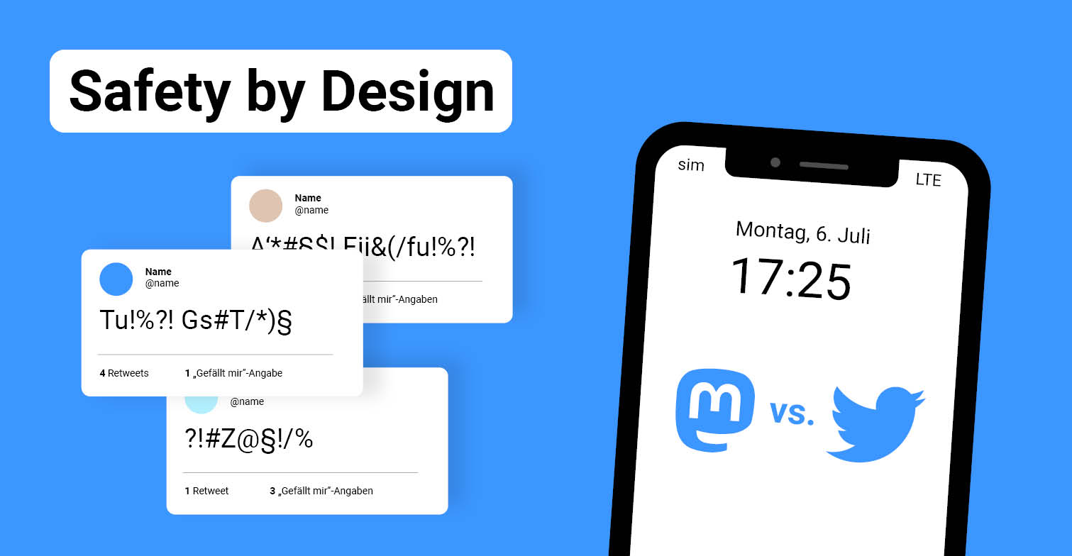 Blaue Grafik mit Text Safety by Design und einem Smartphone mit den Logos von Mastodon und Twitter