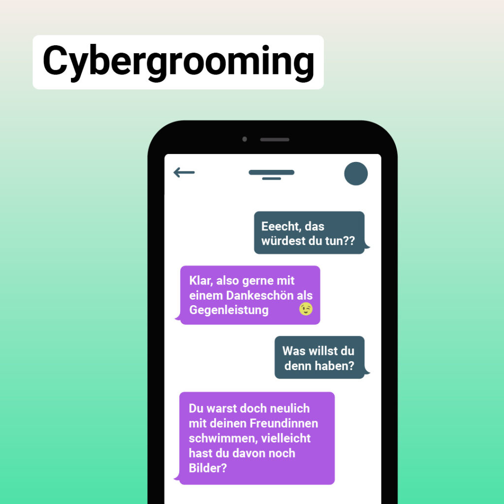 Titel: Cybergrooming, dazu ein Handy mit Chatverlauf „ Eeecht, das würdest du tun?? Klar, also gerne mit einem Dankeschön als Gegenleistung Was willst du denn haben? Du warst doch neulich mit deinen Freundinnen schwimmen, vielleicht hast du davon noch Bilder?“