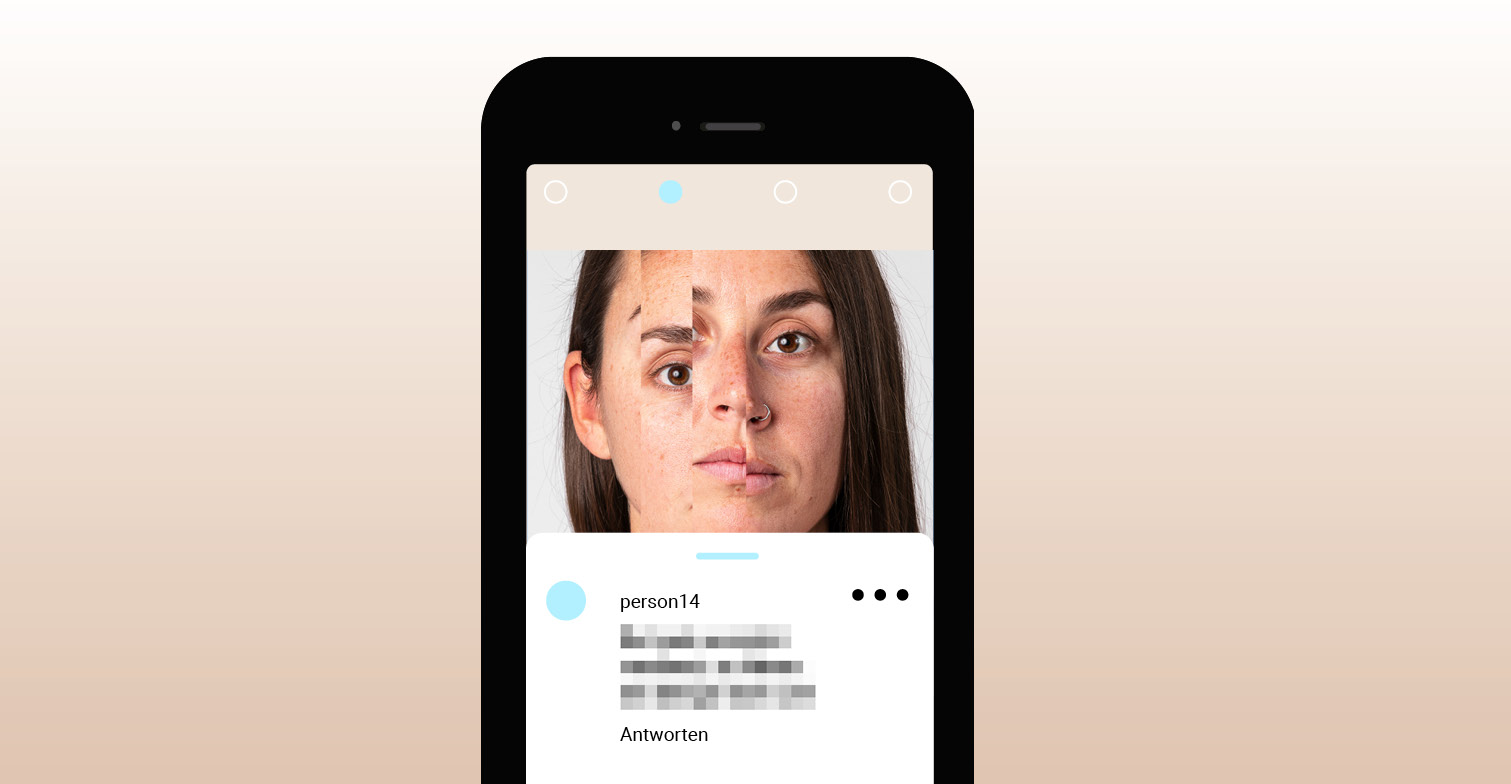 HateAid #RechtAufRespekt Kampagne für kommunal Engagierte, die angefeindet werden - Smartphone Illustration von Social Media Plattform mit Gesichtsportrait