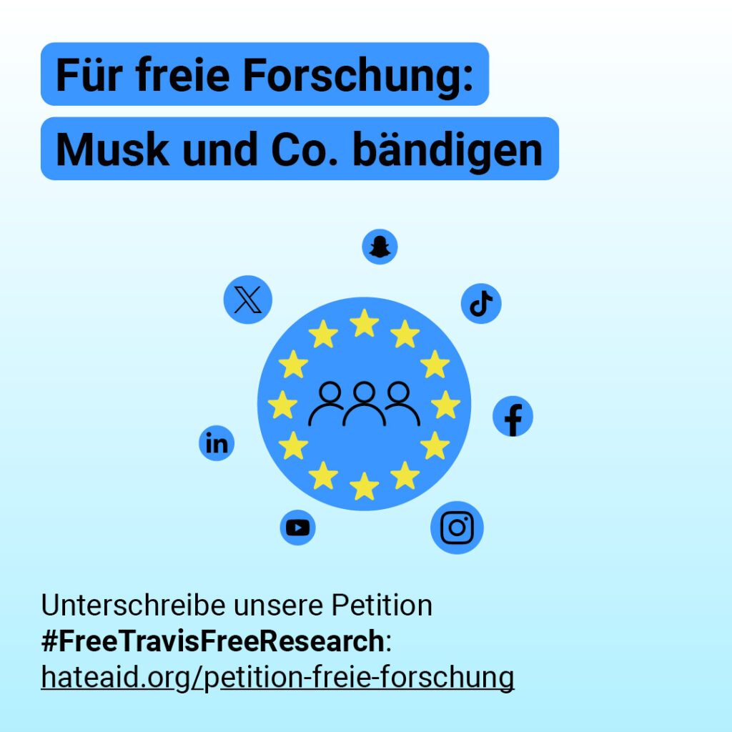 HateAid Travis Brown Petition: Für freie Forschung - Musk und Co. bändigen - Beitragsbild. #FreeTravisFreeResearch