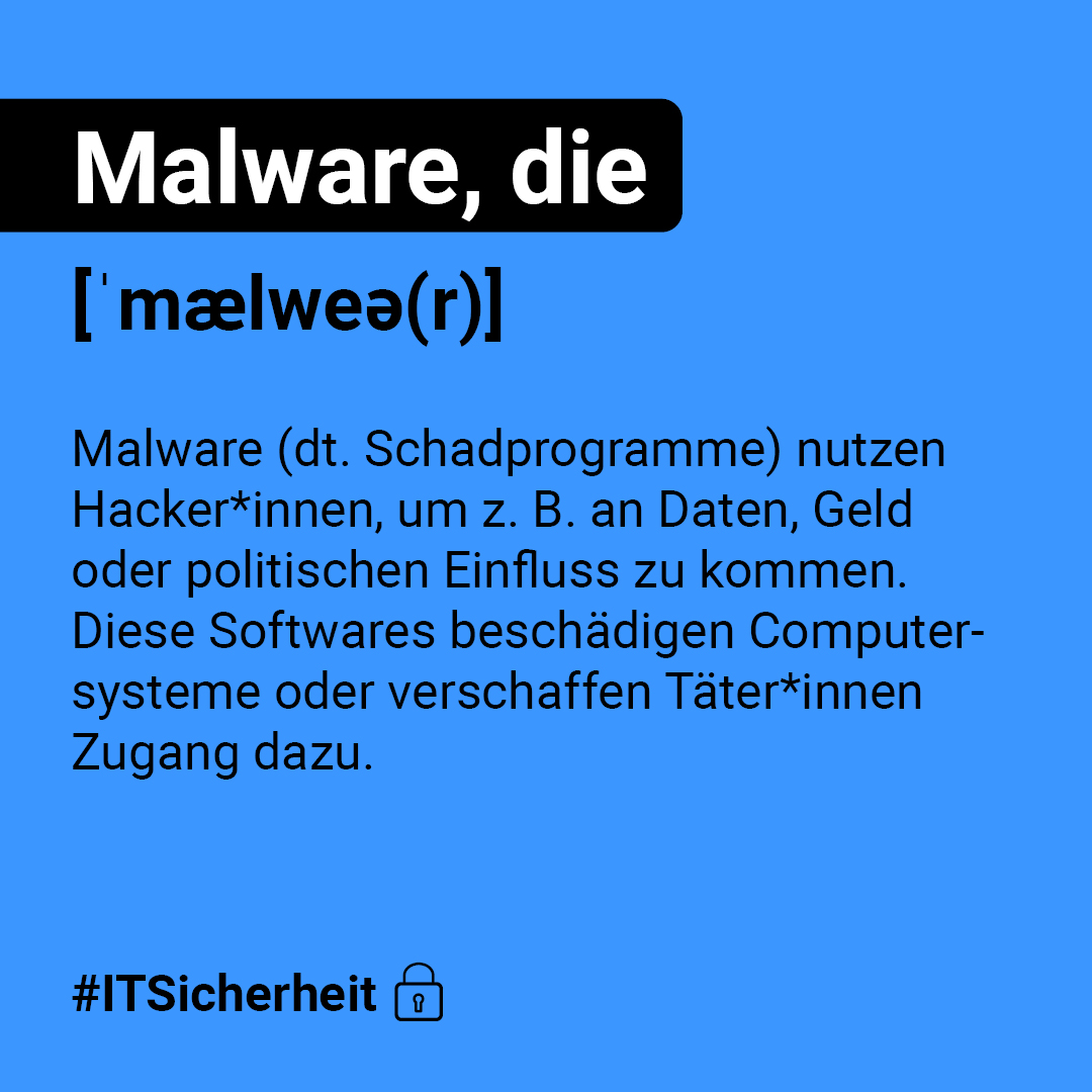 Malware, die  
[ˈmælweə(r)] 

Malware (dt. Schadprogramme) nutzen Hacker*innen, um z. B. an Daten, Geld oder politischen Einfluss zu kommen. Diese Softwares beschädigen Computersysteme oder verschaffen Täter*innen Zugang dazu.