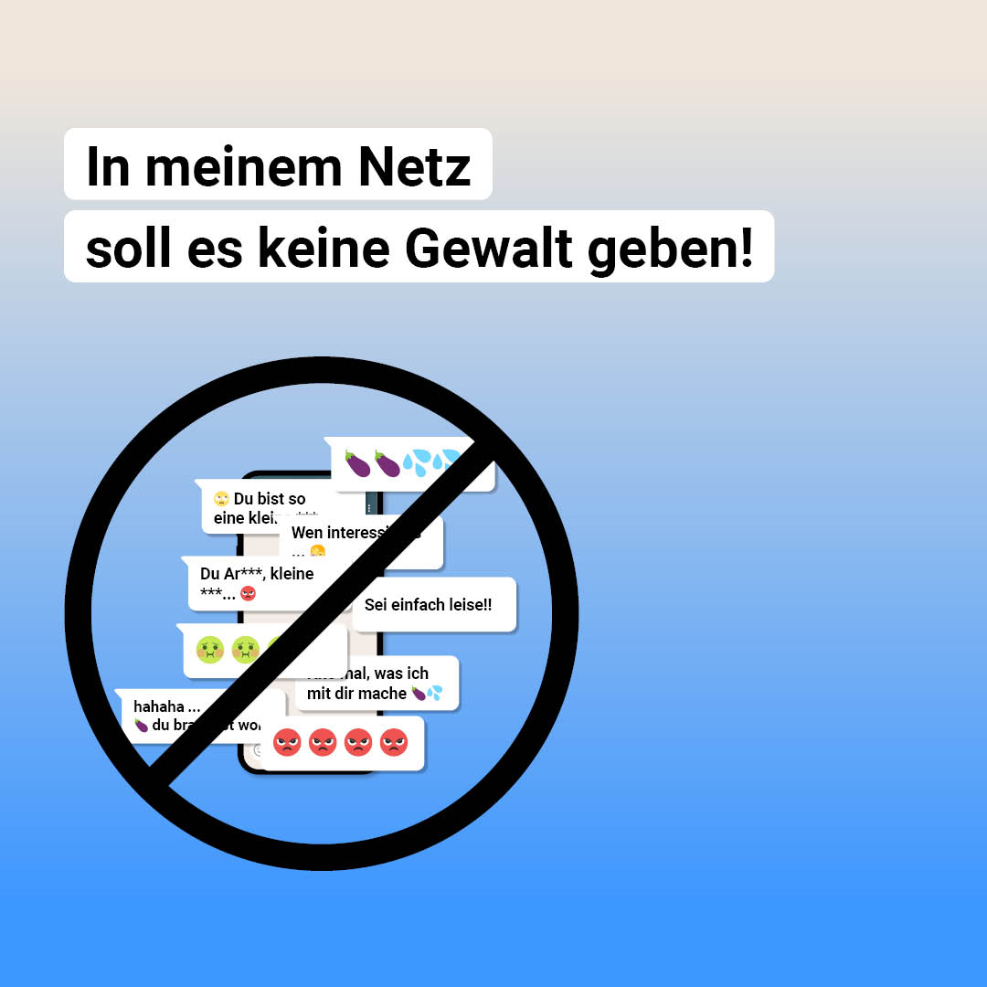 Ein Bild mit sandfarbenem Verlauf und der Aufschrift "In meinem Netz soll es keine Gewalt geben". Daneben mehrere durchgestrichene Hasskommentare.
