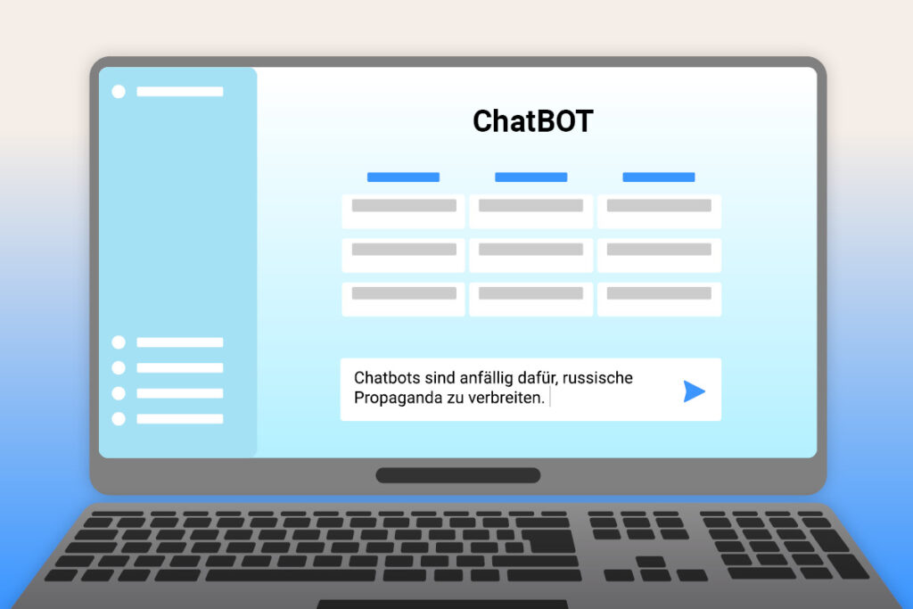 Grafik eines Computer-Bildschirms, der die Startseite von ChatGPT zeigt. Text auf dem Bild: Chatbots sind anfällig dafür, russische Propaganda zu verbreiten.