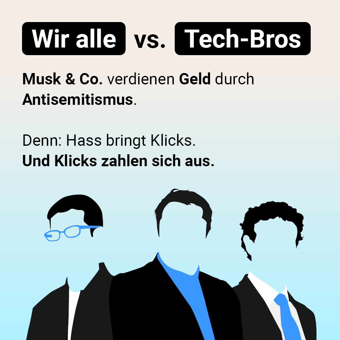 Auf der Grafik steht die Überschrift „Wir alle vs. Tech-Bros". Darunter steht: Musk & Co. verdienen Geld durch Antisemitismus. Denn: Hass bringt Klicks. Und Klicks zahlen sich aus.