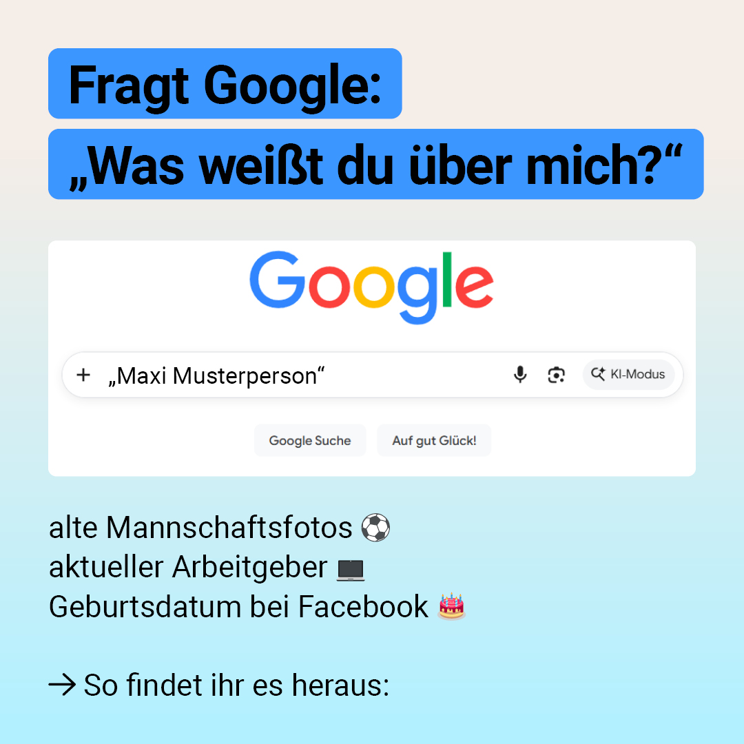 Auf der Grafik steht: Fragt Google „Was weißt du über mich?"