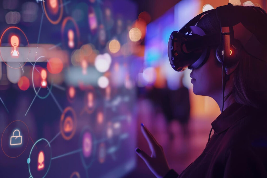 Zu sehen ist eine weibliche Person, die eine VR-Brille und Kopfhörer trägt. Neben ihr ist ein virtuelles Netz mit Verbindungen dargestellt.

Copyright: Magnific