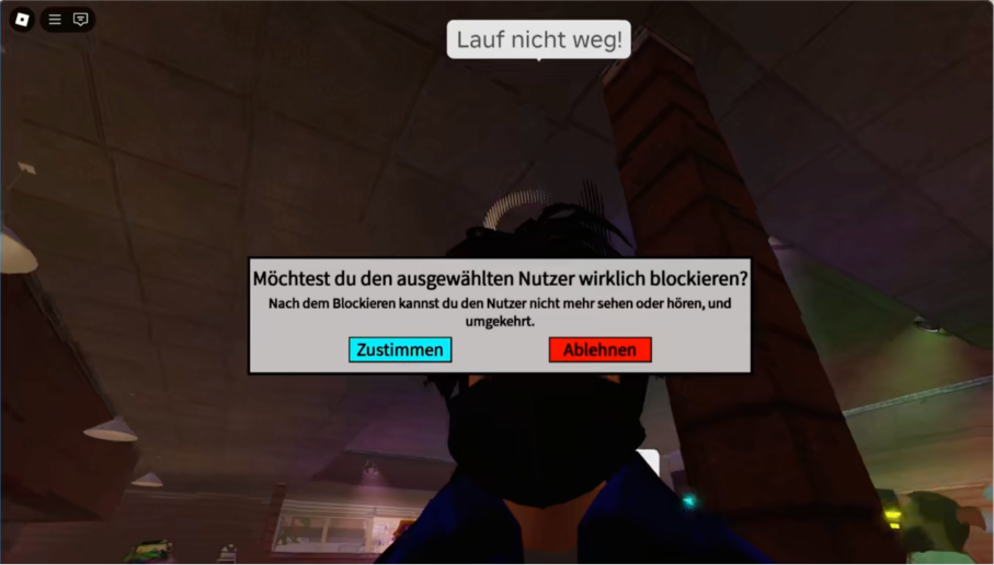 Zu sehen ist ein virtueller Raum, in dem eine Nachricht erscheint: "Möchtest du den ausgewählten Nutzer wirklich blockieren?" mit den beiden Auswahlmöglichkeiten "Zustimmen" und "Ablehnen"