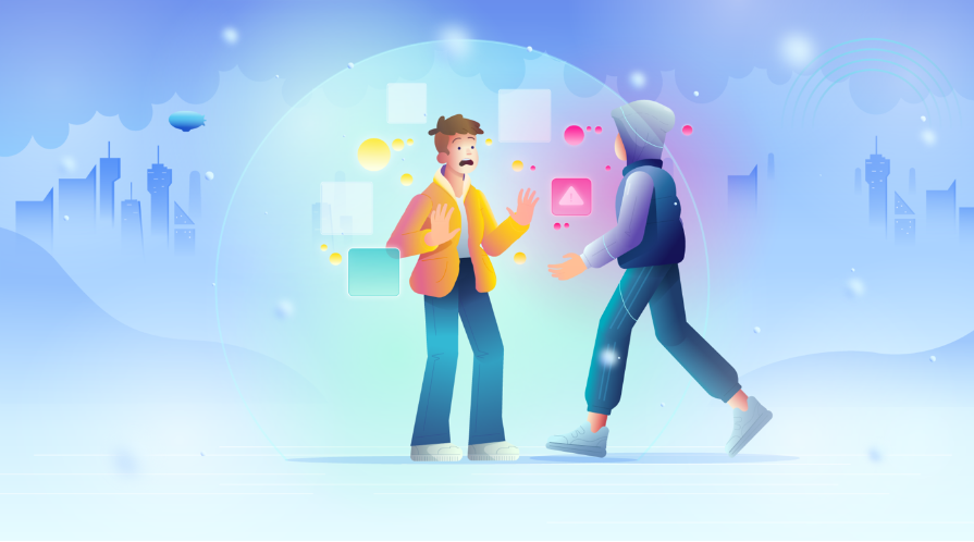 Zu sehen ist eine virtuelle Grafik, in der eine männliche Person erschrickt, weil eine andere Person ihre Schutzblase betritt.