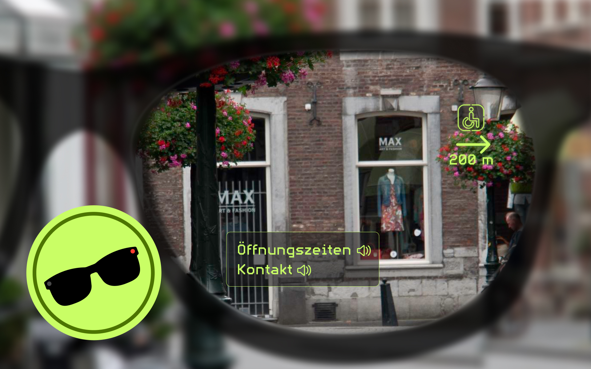Wie Smart Glasses eigentlich funktionieren sollten: Als Hilfe im Alltag. Zu sehen ist ein Modeladen durch eine Brille. Auf dem Brillenglas sind die Öffnungszeiten, Kontakt sowie die nächste Toilette angezeigt