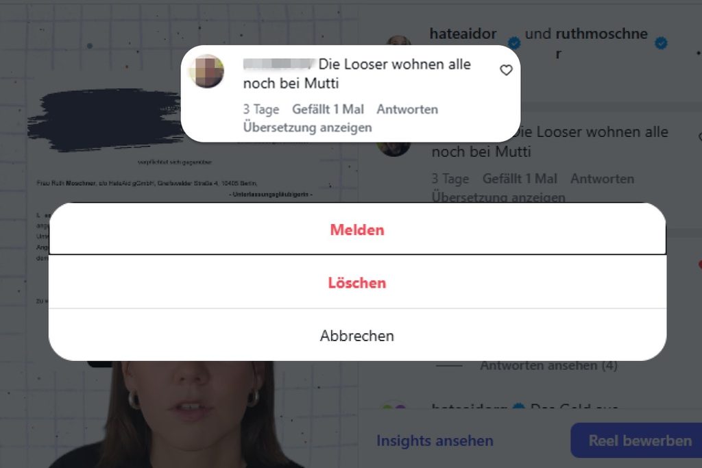 Hasskommentare und digitale Gewalt melden. Zu sehen ist ein Kommentar und das Optionsmenü mit dem Eintrag "melden"