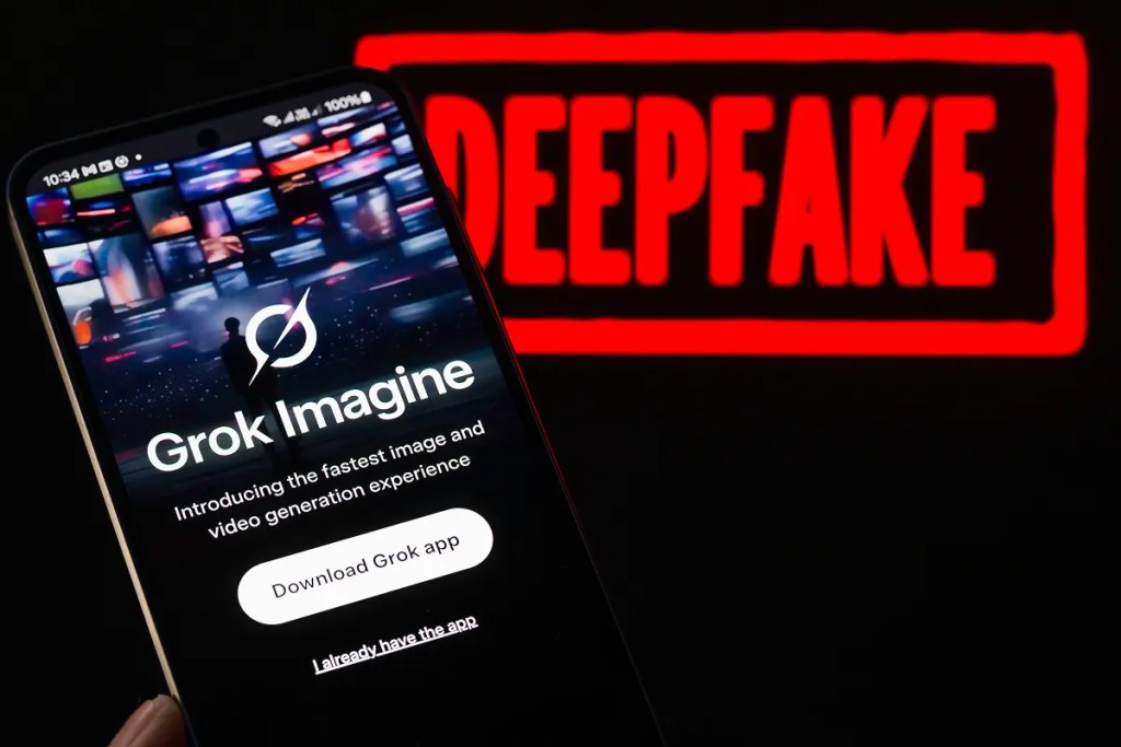 Zu sehen ist ein Smartphone, wo Grok Imagine geöffnet ist, im Hintergrund steht "Deepfake".