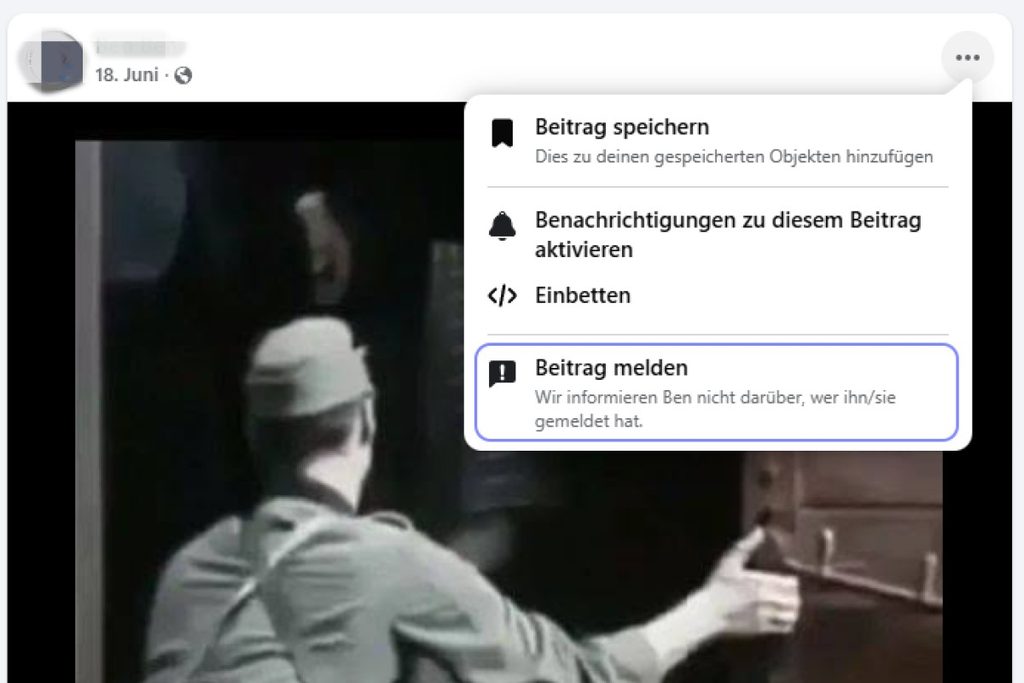Hasskommentare und digitale Gewalt melden. Zu sehen ist ein Facebook-Beitrag mit dem Optionsmenü "Beitrag melden"