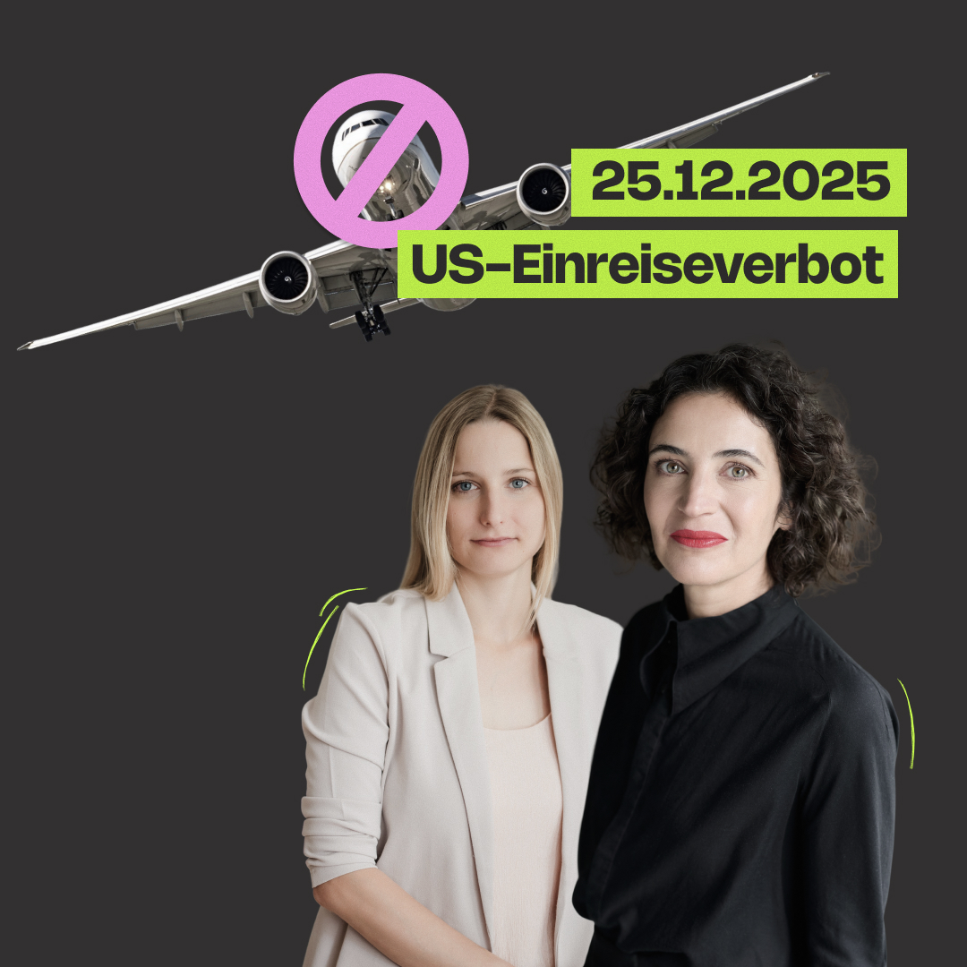 HateAid Tech ohne Tech Bros Kampagne. Zu sehen ist der Schriftzug "25.12.2025 - US-Einreiseverbot"